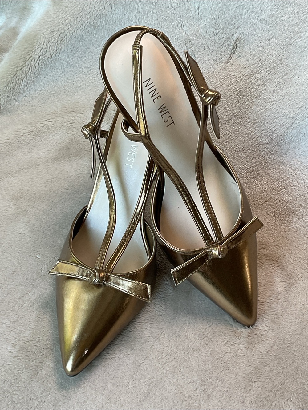 Nine West Metallic Bronze Pointed-Toe Slingback Pumps with Bow Accent - Picture 2 of 6